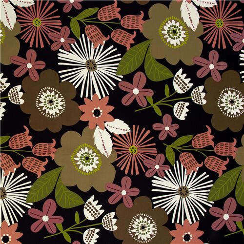 Alexander Henry black heavy oxford fabric with big brown flowers - modeS4u