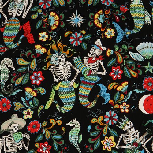 Folklorico Skeletons from the Sea Mermaids Fabric