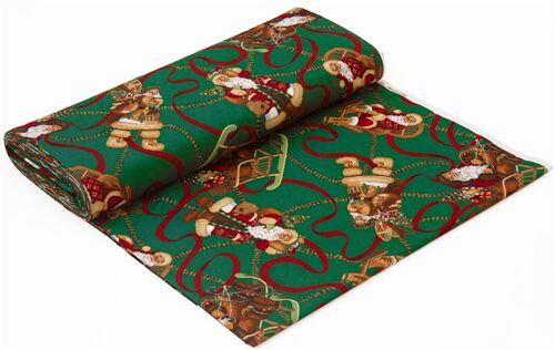 Alexander Henry Dark Green Christmas Fabric with Hunting Lodge Santa Red Ribbons