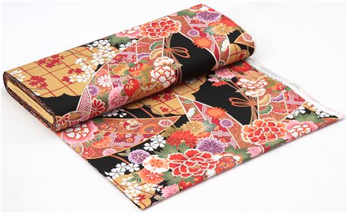 Remnant (30 x 112 cm) - Alexander Henry fabric colorful flower gold metallic Gilded Botan 4
