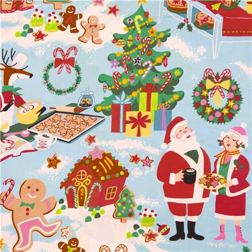 Alexander Henry light blue Christmas fabric with Santa and Mrs Claus