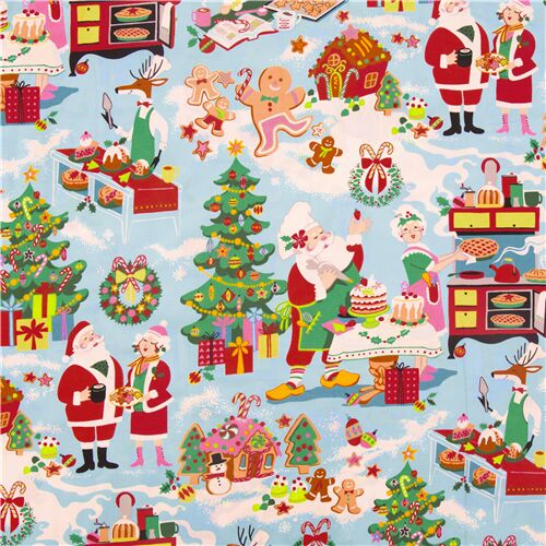 Alexander Henry light blue Christmas fabric with Santa and Mrs Claus ...