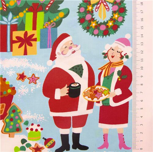 Alexander Henry light blue Christmas fabric with Santa and Mrs