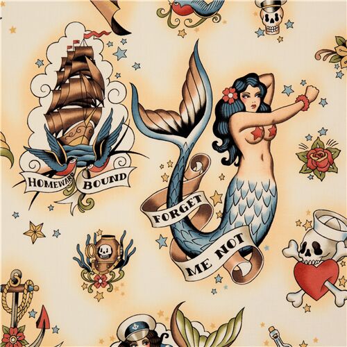 Remnant 18 X 112 Cm Alexander Henry Sailor Fabric In Cream With Mermaid Pin Ups Modes4u 9428