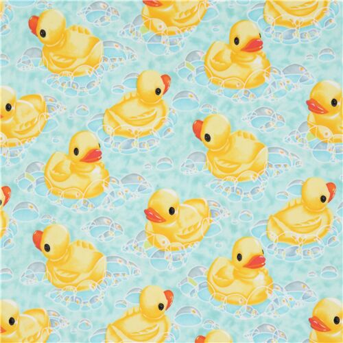 Alexander Henry turquoise blue cotton flannel fabric with yellow ducks Fabric