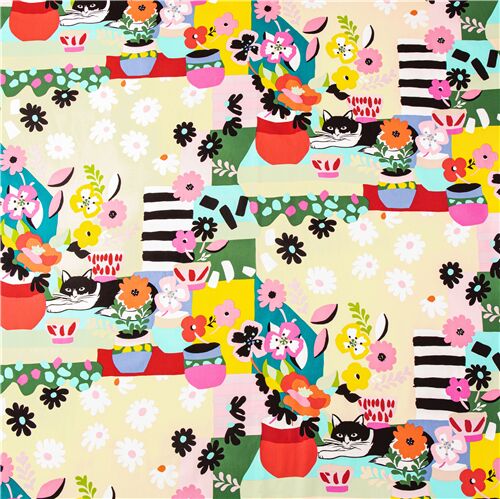 Alexander Henry Yellow Us Fabric Vases Cat Graphic Colourful Flowers Blooms Modes4u