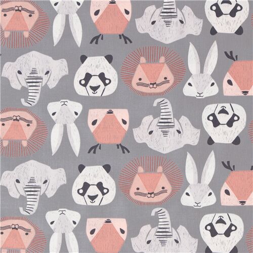 Tissu gris avec des animaux ttes de pandas, lphants, lions - coupon (112cm x 47cm)