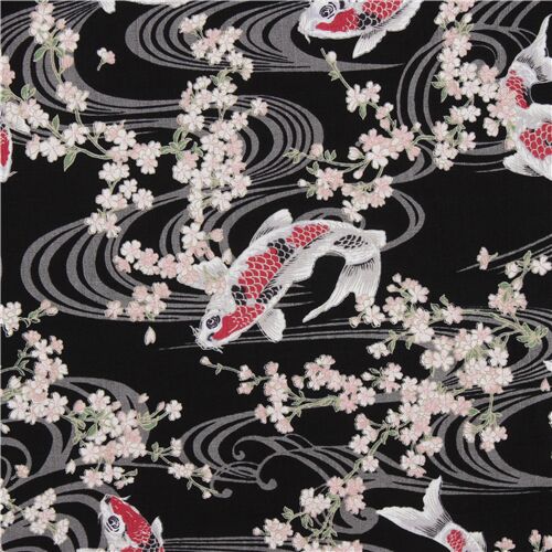 Asia black dobby fabric pink cherry blossom flowers red koi fish Fabric