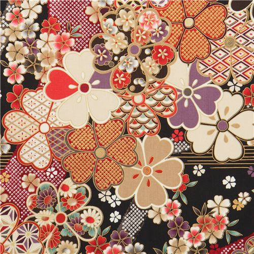 Asia flower fabric in black by Quilt Gate Fabric by Cosmo - modes4u