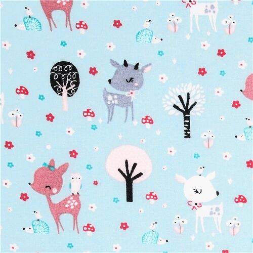 Baby blue cotton fabric Stof France colorful forest animals - modeS4u