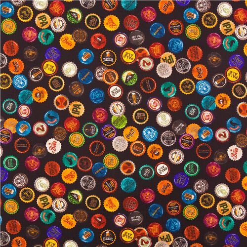 Beer bottle caps on black fabric by Quilting Treasures On Tap modeS4u