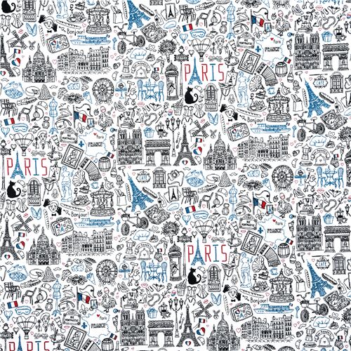 Black blue red Paris icons on white cotton fabric Stof France - modeS4u