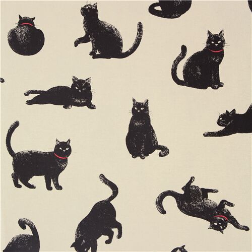 Black cats beige cotton linen Japanese canvas fabric Cosmo - modeS4u