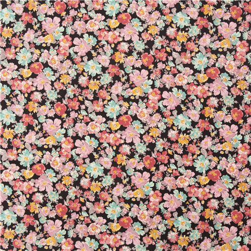 Black cotton lawn fabric with clusters of colourful flowers modeS4u