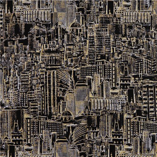 Black gold grey city packed houses Timeless Treasures fabric - modeS4u