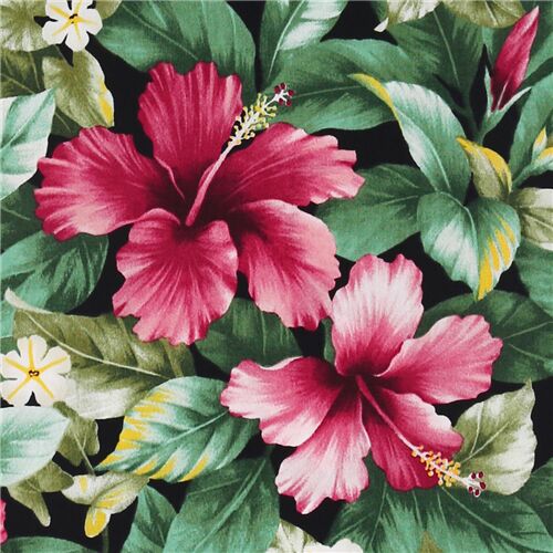 Tela negra flor tropical hoja verde hibisco rosa Trans-Pacific Textiles -  modesS4u