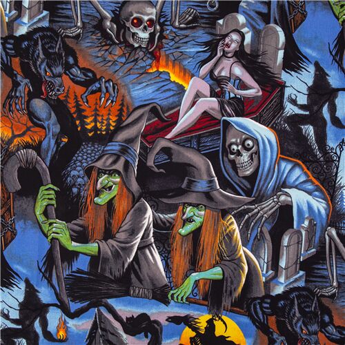 Tissu d'Halloween bleu tte de mort sorcire loup-garou Tissu