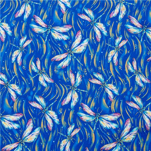 Blue pink yellow white dragonfly fabric Timeless Treasures Fabric by ...