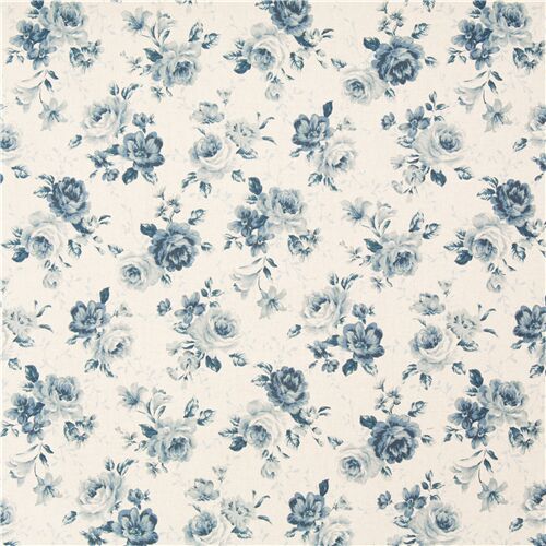 Blue roses and foliage on Natural Colour Canvas Fabric from Japan - modeS4u