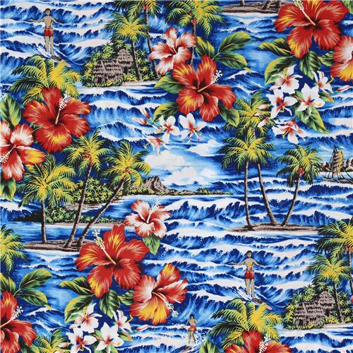 Blauer Surfer roter Blumen Trans-Pacific Textiles Hawaii Fabric by Japanese  Indie - modeS4u
