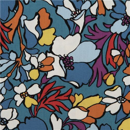Blue teal oxford fabric Japanese colorful flowers buttercup poppy - modeS4u