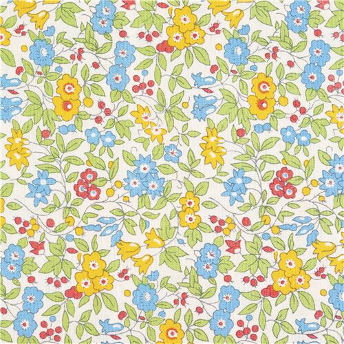 Blue yellow red flowers green leaves on white Liberty Fabrics - modeS4u