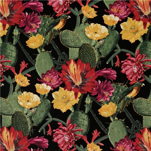 Tela negra cactus verde flores rojas amarillas Timeless Treasures - modesS4u