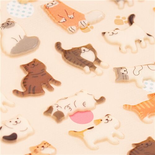 Cat puffy sticker sheet cute brown white orange different poses - modeS4u