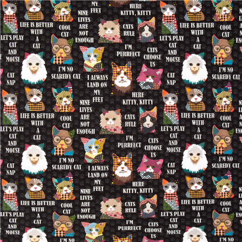 Cats patchwork black pawprint USA cotton fabric modeS4u