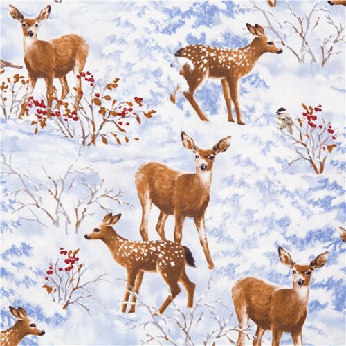 Christmas Timeless Treasures deer in snow forest red berries fabric cotton Fabric