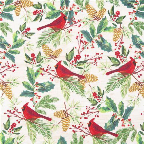 Christmas cardinal minky fabric in natural colour with foliage by Dear  Stella Fabric by Timeless Treasures - modeS4u