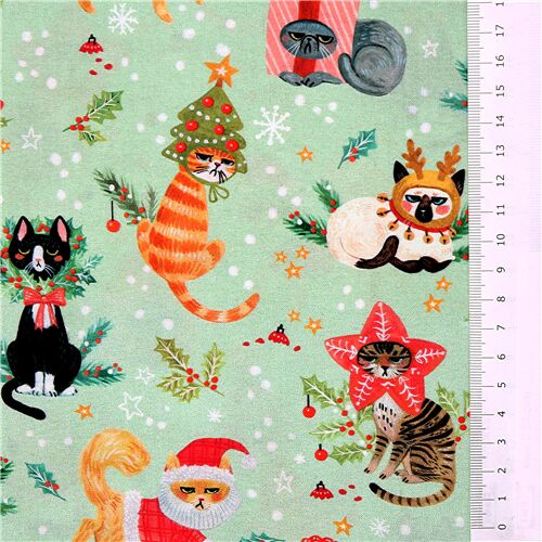 Christmas costume cats fabric in light green by Dear Stella - modeS4u