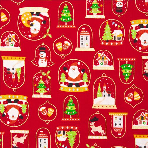 Christmas fabric Santa Claus snowglobes red golden metallic Fabric