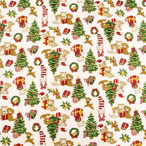 Christmas kittens Kokka Japan cotton sheeting fabric trees gifts - modeS4u