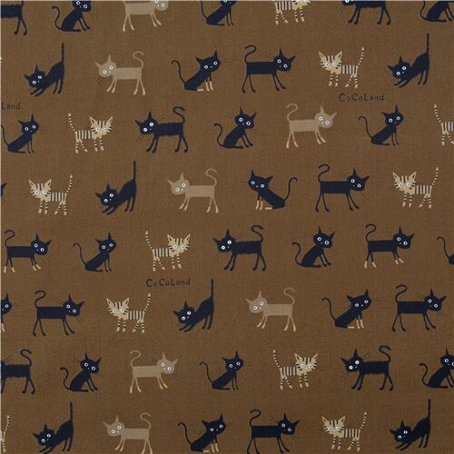 CocoLand taupe black cats brown oxford cotton fabric Japan Fabric