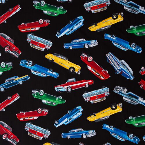 Colorful American retro cars black fabric Timeless Treasures - modeS4u