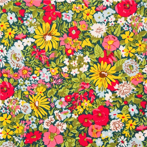 Colorful meadow flowers on dark green cotton Liberty Fabrics - modeS4u