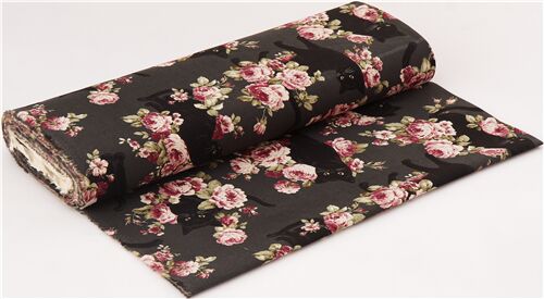 Cosmo canvas fabric in brown vintage rose flowers black cats - modeS4u