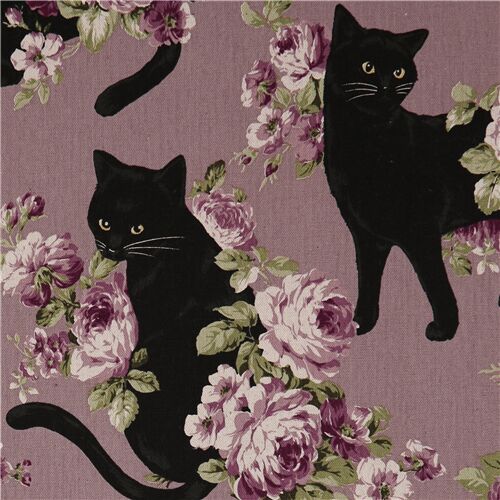 Cosmo Canvas Stoff Mauve Pink Vintage Rose Blume schwarze Katze Fabric by  Cosmo - modeS4u