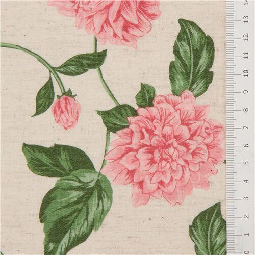 Cosmo natural color laminate fabric with pink retro dahlia flower