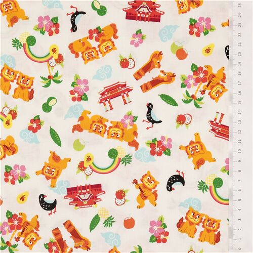 Fat Quarter 50 X 55 Cm Cosmo Off White Fabric Lion Dogs Rainbow Flower Bird Temple Modes4u