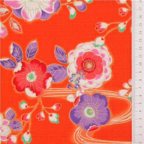 Cosmo orange and metallic gold Dobby fabric with colorful flowers - modeS4u