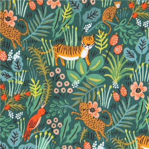 Cotton and Steel fabric dark green with tiger bird monkey leaf Fabric by Cotton + Steel modes4u