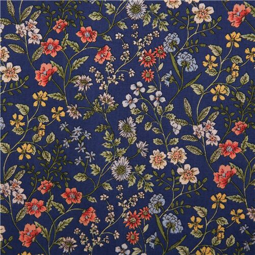 Cotton lawn navy blue fabric small colorful flowers Fabric by Japanese ...