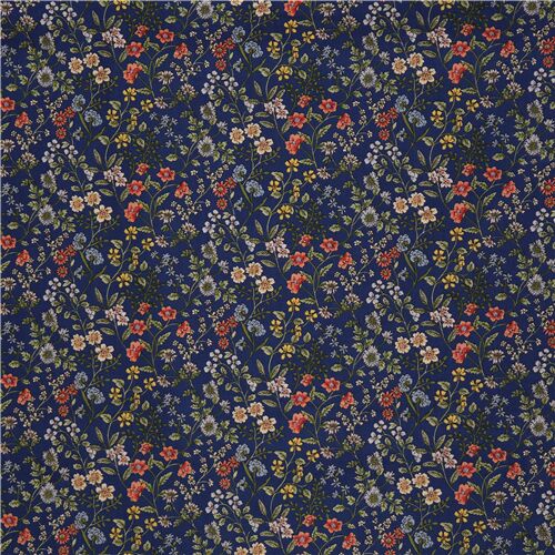 Cotton lawn navy blue fabric small colorful flowers modeS4u