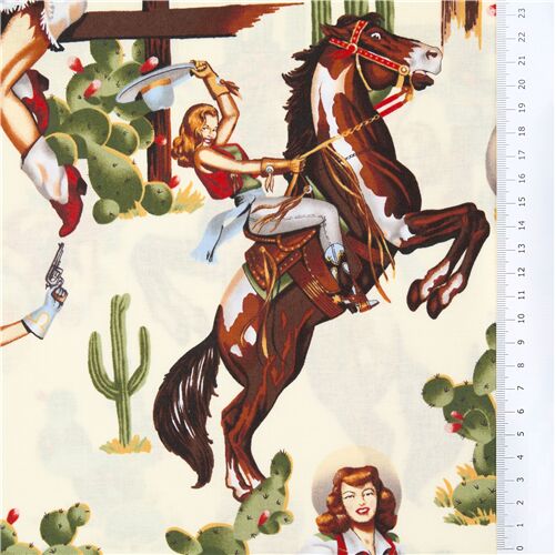 Alexander Henry Back in the Saddle Western Rodeo Pin Up Cowgirl tissu-Noir 