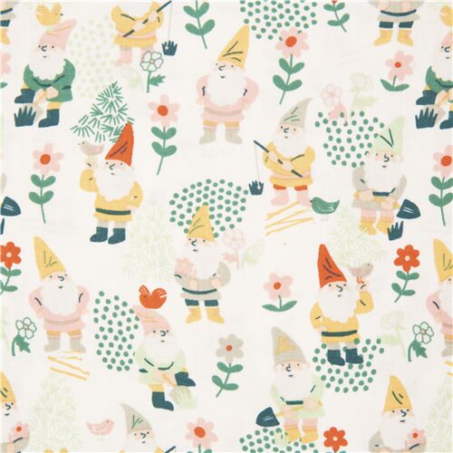 Tissu en coton crème Dear Stella avec des plantes et des nains de jardin Tissu