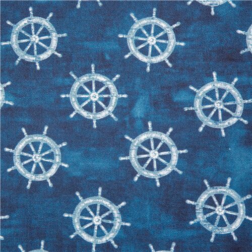 Tissu en coton bleu fonc avec des roues nautiques blanches Tissu