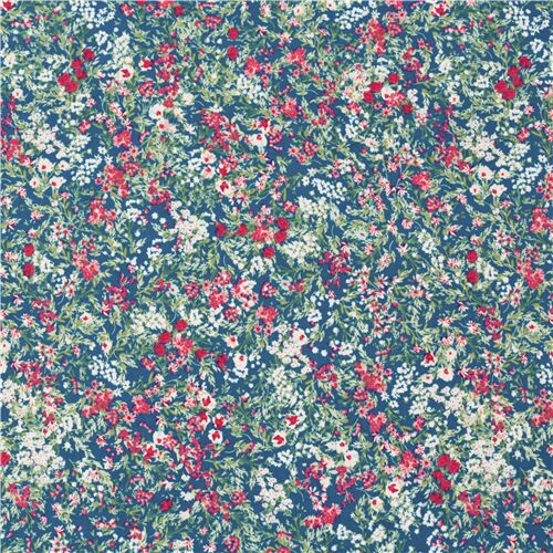 248534 Hokkoh Japan navy Lawn cotton Japanese floral fabric with a variety of pink red and white flowers green foliage