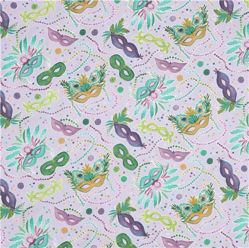 Tissu Mardi Gras avec des masques de bals verts jaunes violets - coupon (112cm x 48cm)